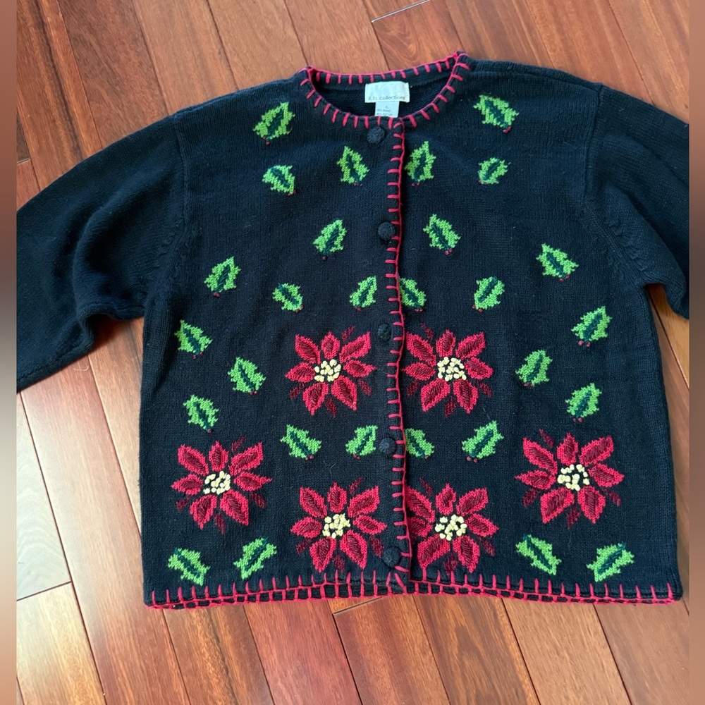 K.B. Collections Knit Sweater 3X Red Floral Poinsettia Cardigan Embroidered
